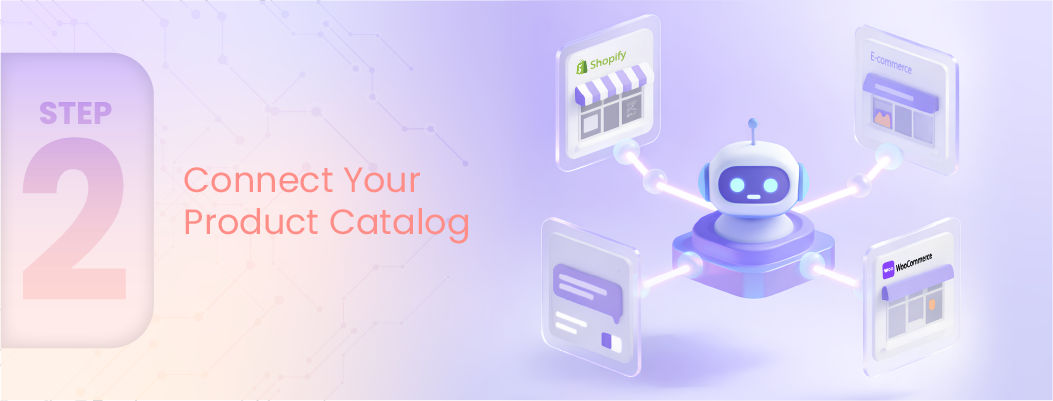 Illustration showing step 2 of chatbot setup: connecting a product catalog from Shopify or WooCommerce.