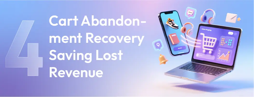 Illustration of a laptop and shopping cart showing cart abandonment recovery strategies to save lost revenue.