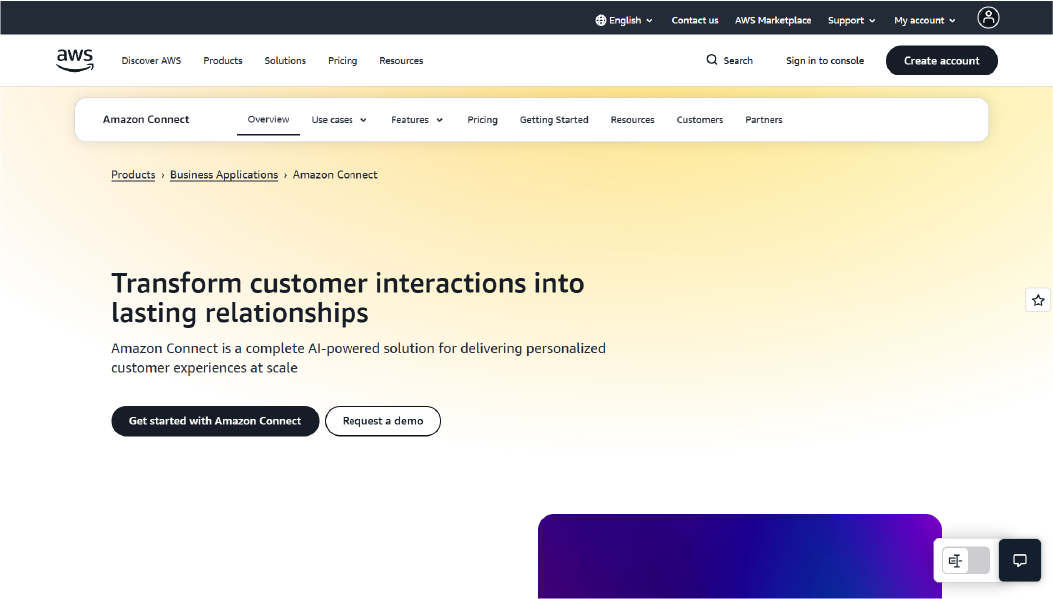 Amazon Connect cloud-native contact center dashboard integrated with AWS services for scalable call routing and analytics