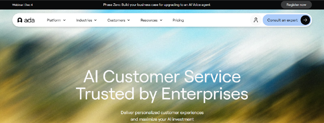 Ada enterprise AI chatbot platform with self-service automation dashboard