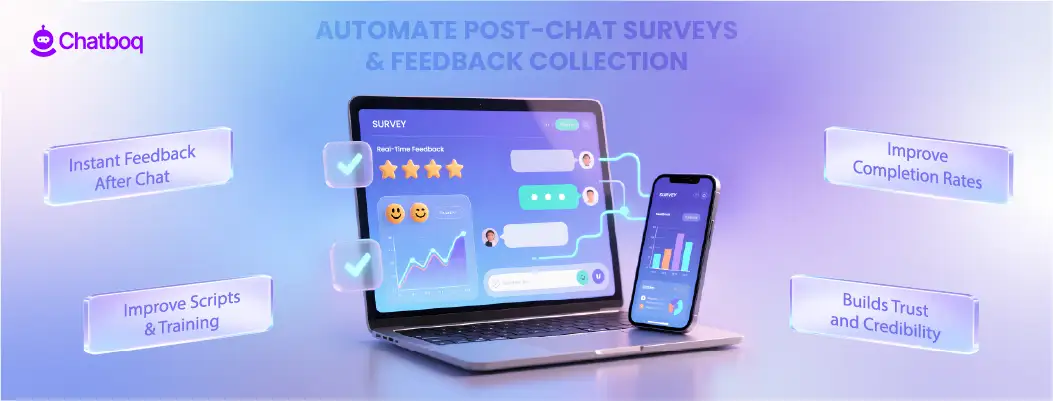 Illustration showing automated post-chat surveys collecting customer feedback after live chat interactions.