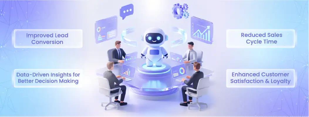 Illustration showing benefits of AI sales assistants for sales teams, including automating lead qualification, improving response times, and boosting conversions.