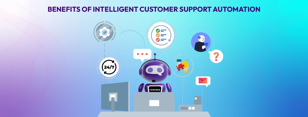 Benefits of intelligent customer support automation with Chatboq, including 24/7 support, faster response times, accurate information, reduced costs, high-volume handling, and data-driven insights.