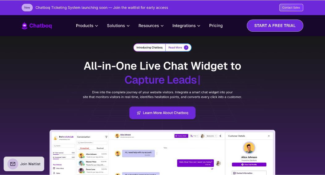 List of top AI chatbots for live chat integration, including Tidio, Intercom, ChatBoq, Drift, Zendesk Chat, and Freshchat.