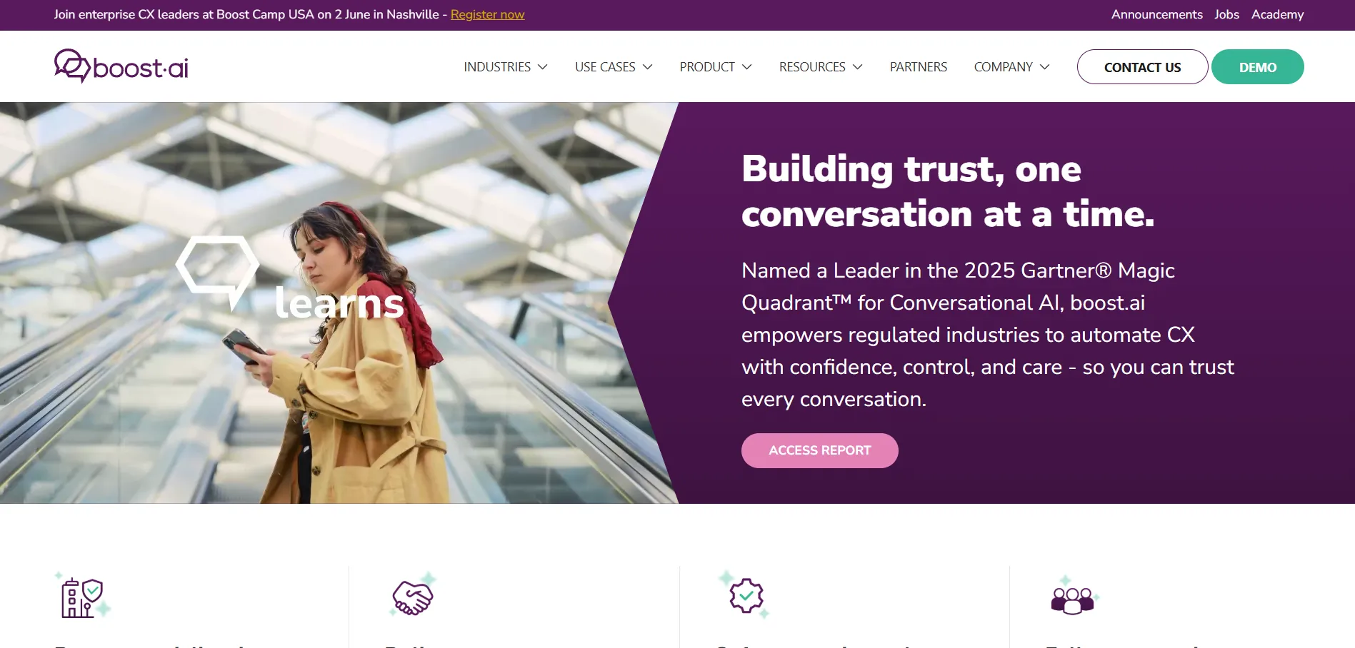 Illustration showing Boost.ai platform enabling enterprises to automate customer support with advanced conversational AI solutions.