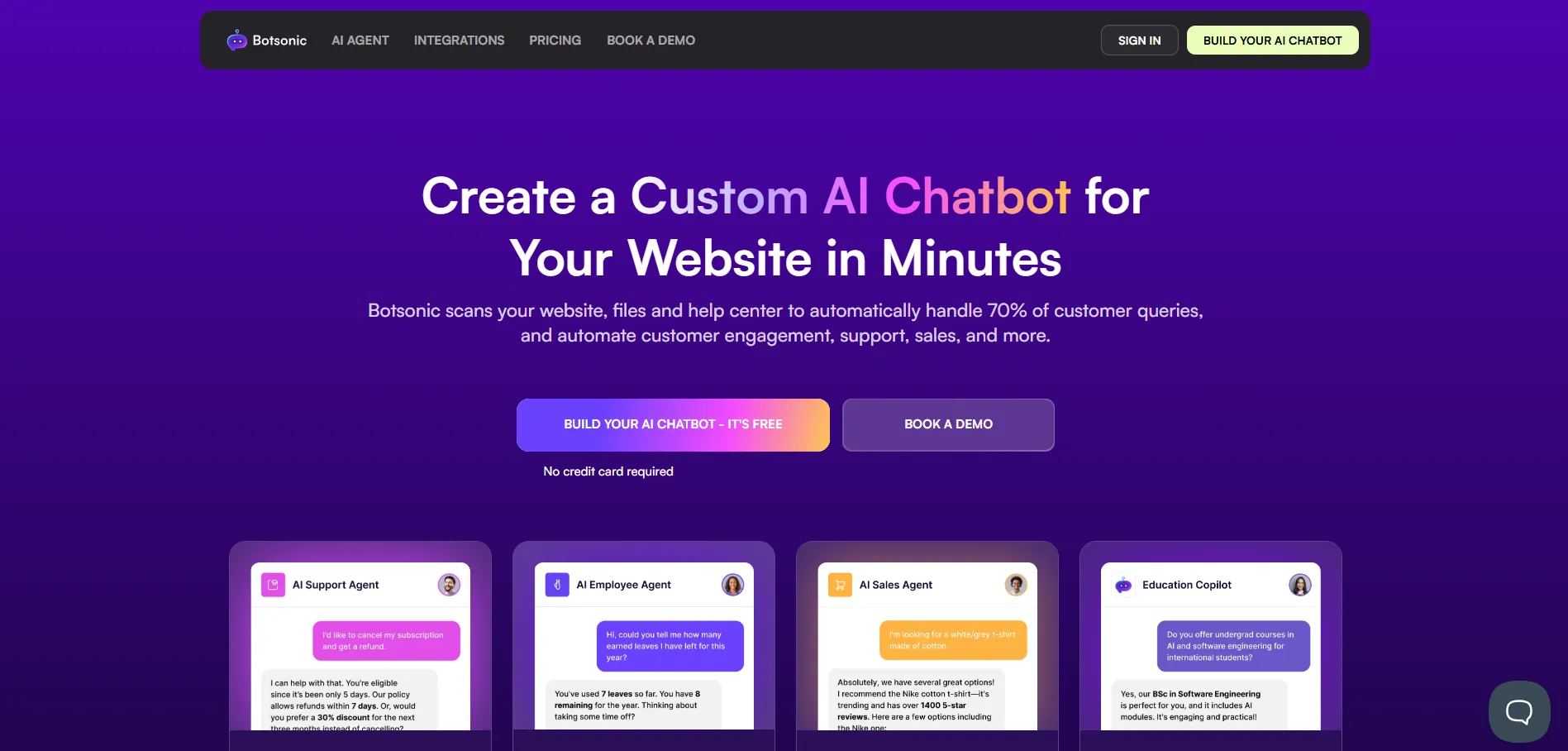 Illustration showing Botsonic AI chatbot builder helping businesses create intelligent chatbots for automated customer support and engagement.