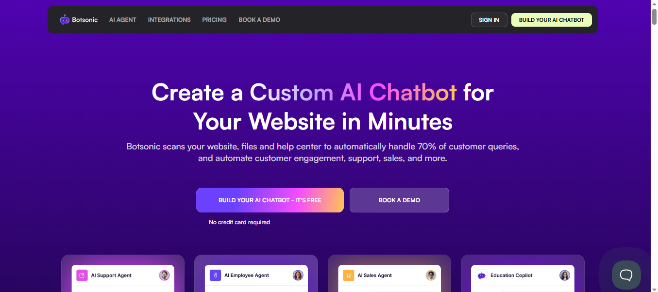 Screenshot of Botsonic AI agent interface, highlighting LLM training, custom chatbot behavior, and knowledge base integration.