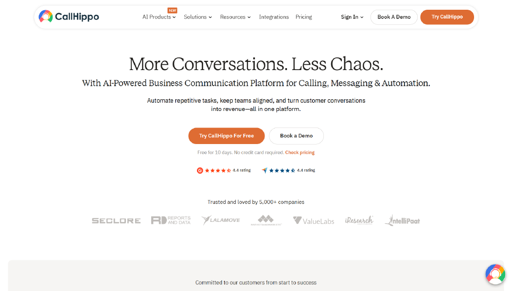 CallHippo cloud calling platform displaying outbound dialing, call tracking, and CRM integrations