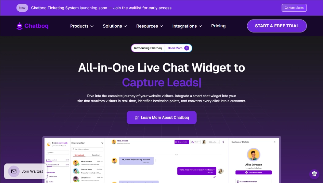 Chatboq WordPress chat widget with AI-powered chatbots, CRM integration, and omnichannel support.