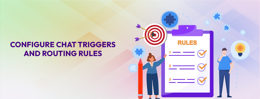 Support manager setting chat triggers and routing rules to automatically connect visitors with the right agents.