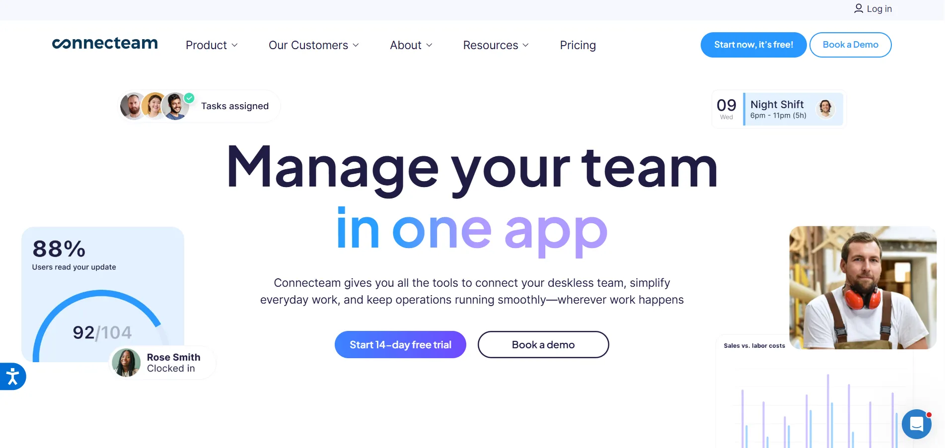 Illustration showing Connecteam platform helping businesses manage employees, schedules, and team communication in one place.