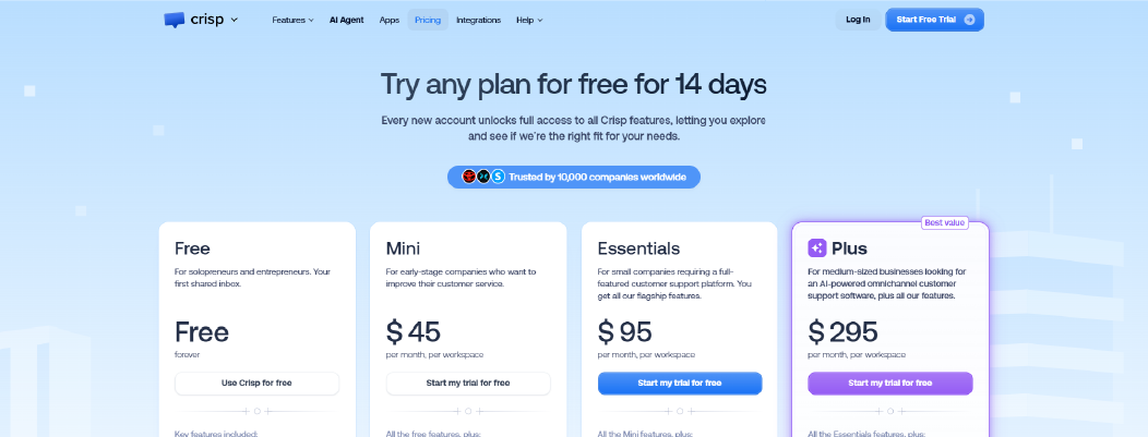 Crisp live chat platform interface highlighting features available in the free plan for customer support.
