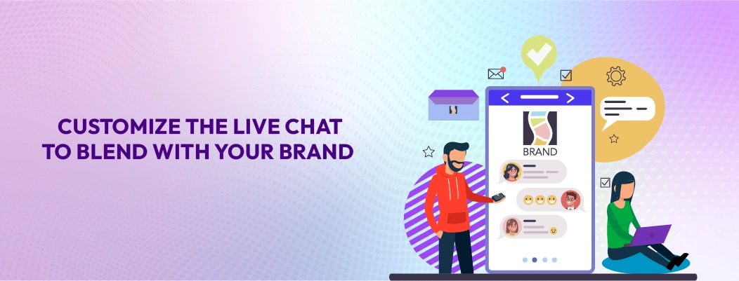 Marketer customizing live chat widget design, colors, and greetings to match brand identity on a website.