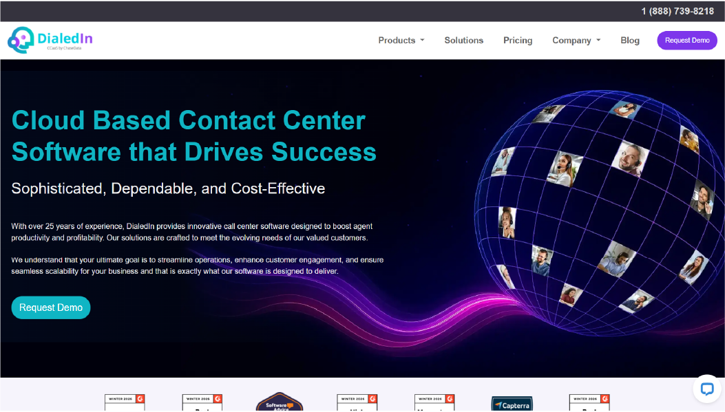 DialedIn CCaaS voice contact center system showing outbound dialing workflows, call routing, and compliance monitoring