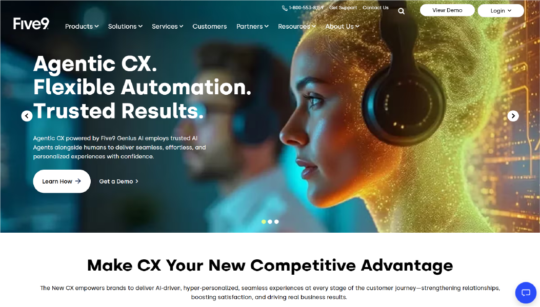 Five9 enterprise contact center dashboard with predictive dialer, call routing, and conversation analytics