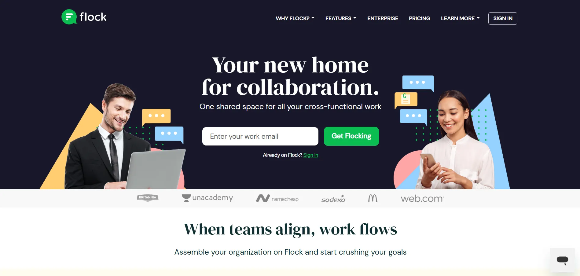 Illustration showing Flock platform helping teams collaborate through messaging, video calls, and task management tools.