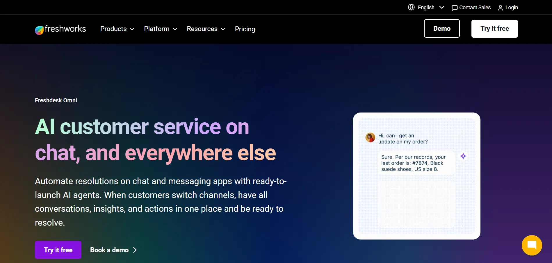 Illustration showing Freshdesk help desk platform managing customer tickets, live chat, and automated support workflows.