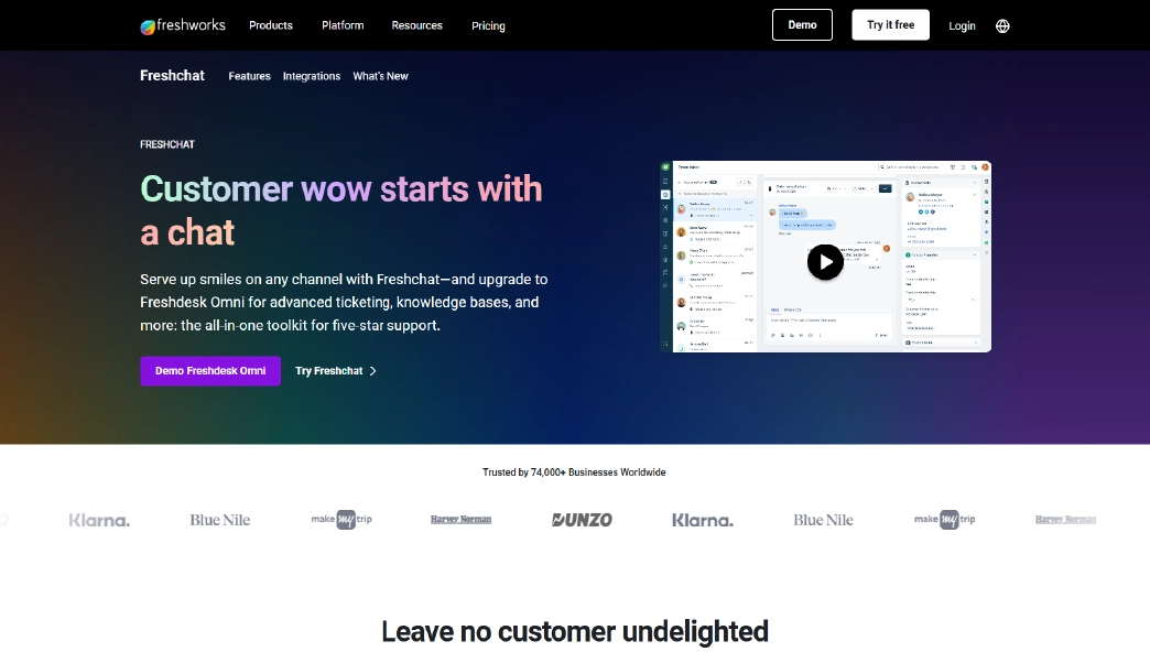 Freshchat free live chat supporting up to 10 agents with visitor-context tools and AI chatbot builder.