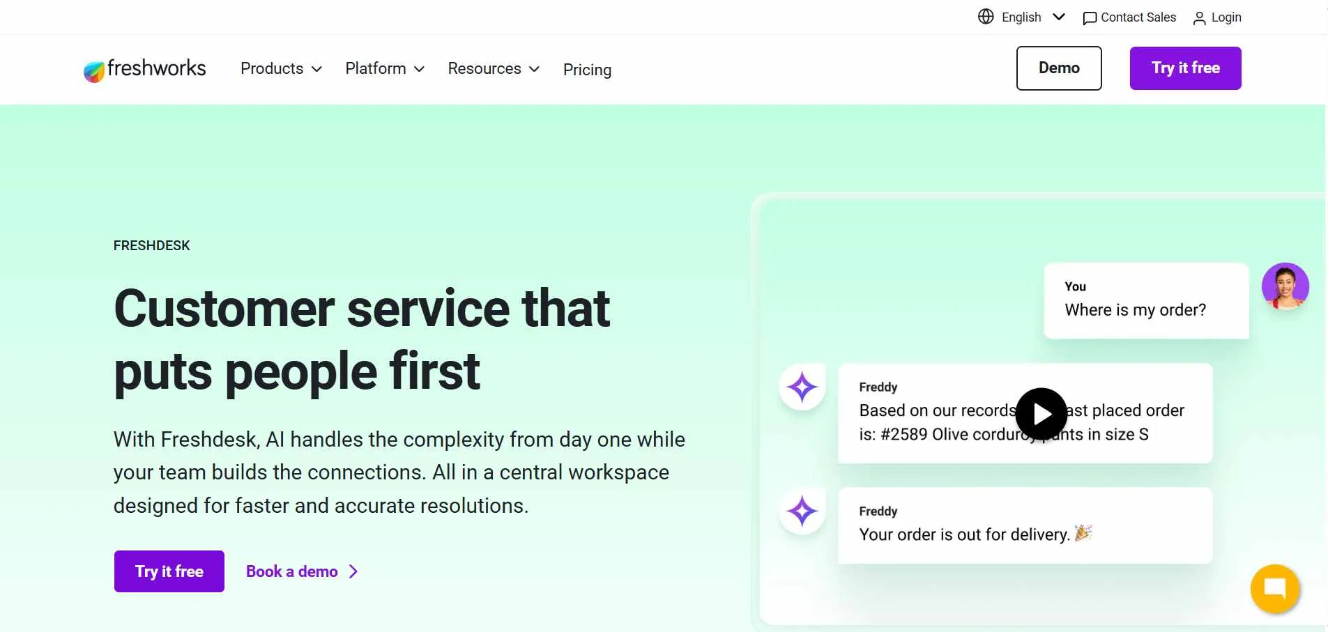 Illustration showing Freshdesk help desk platform managing customer tickets, live chat, and automated support workflows.