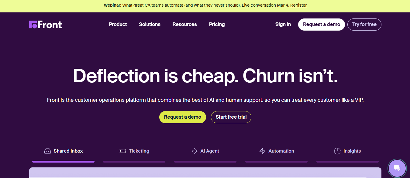 Front shared inbox workspace showing team collaboration, internal notes, and conversation routing
