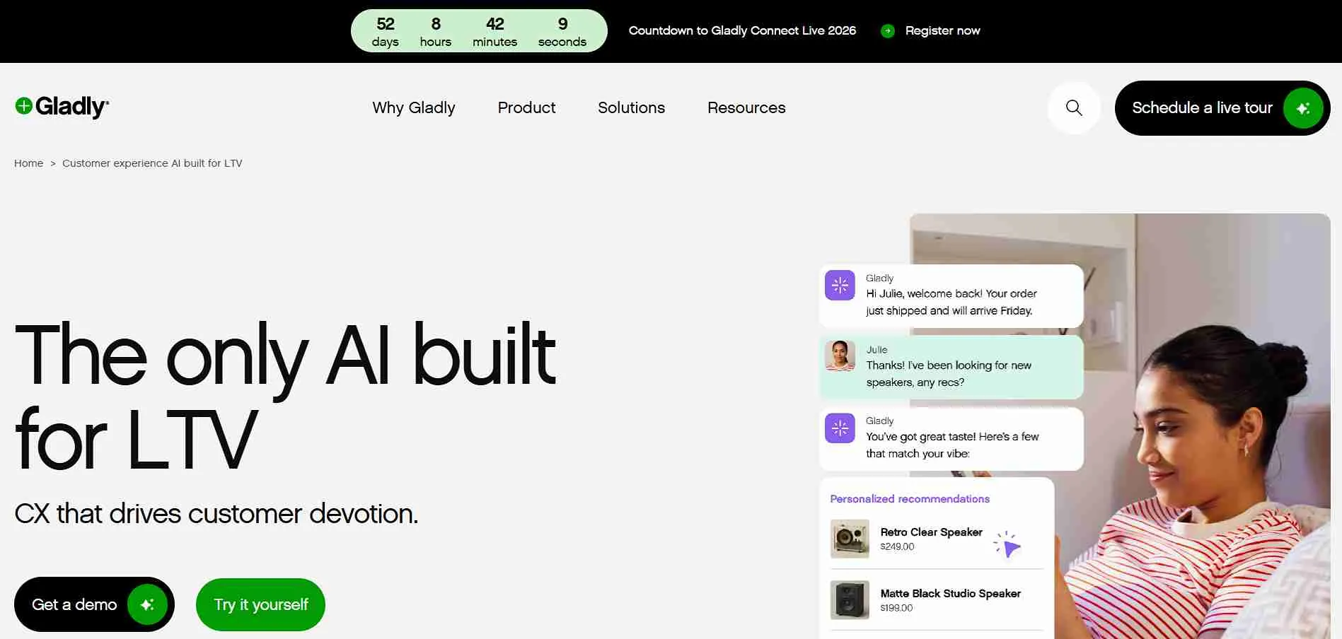 Illustration showing Gladly customer service platform with unified inbox, live chat, and personalized support features.