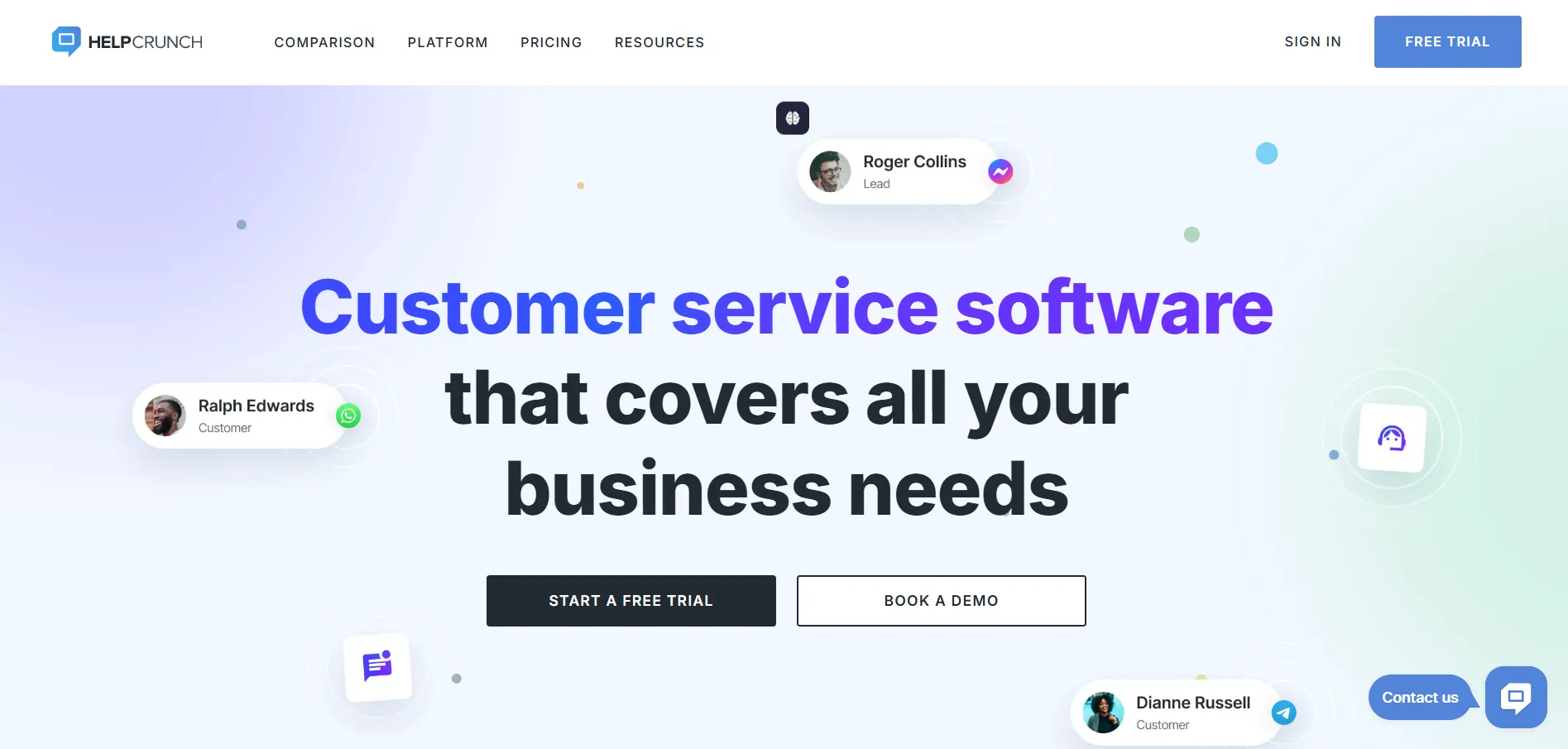 Illustration showing HelpCrunch platform combining live chat, email marketing, and customer support tools for business communication.