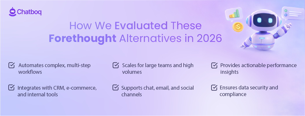 Illustration showing a comprehensive evaluation of top Forethought alternatives in 2026, comparing features, pricing, AI capabilities, integrations, and overall customer support automation performance.