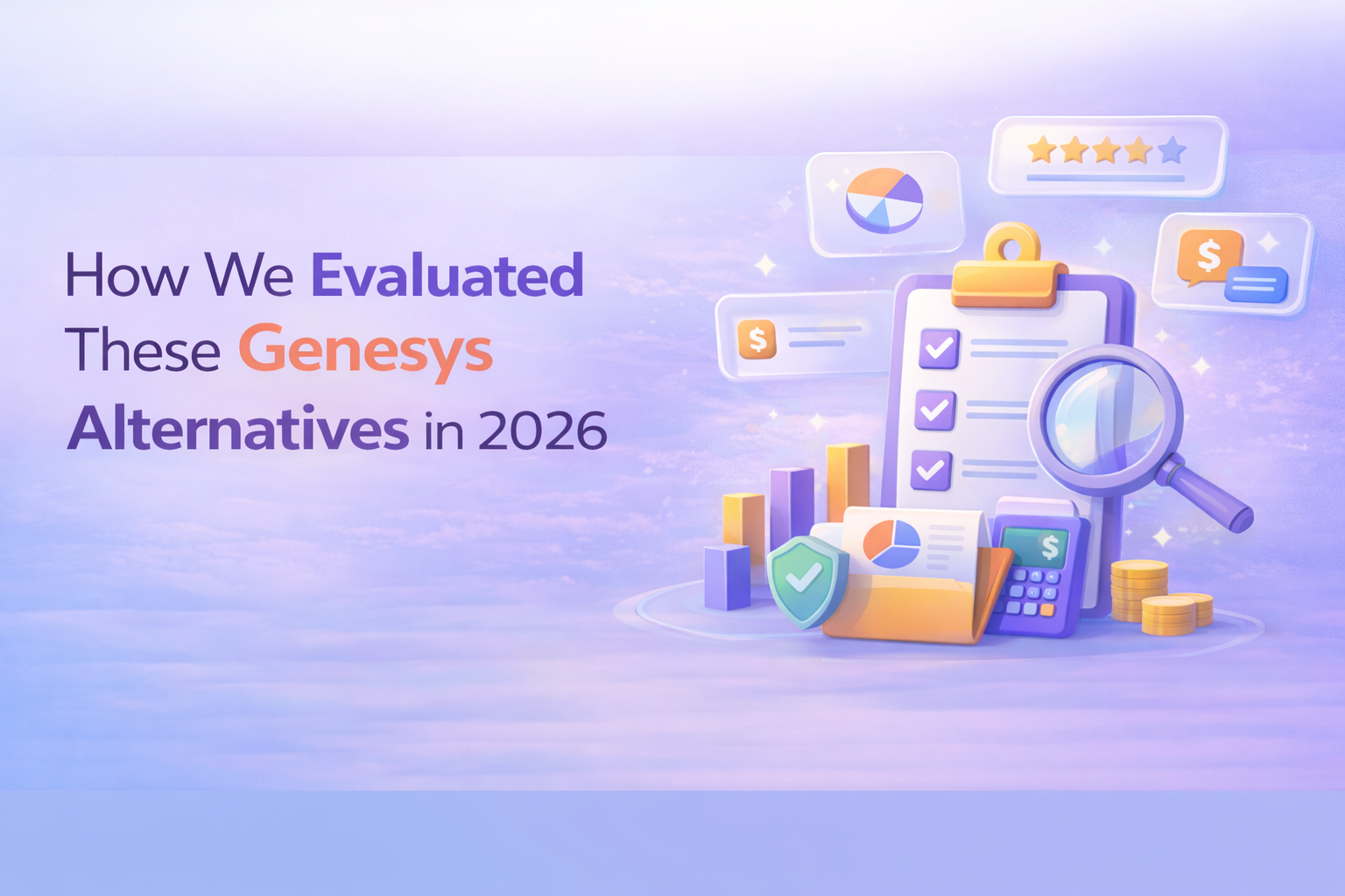 Evaluation framework for Genesys competitors including AI orchestration, predictive routing, CRM integration, analytics depth, and pricing transparency