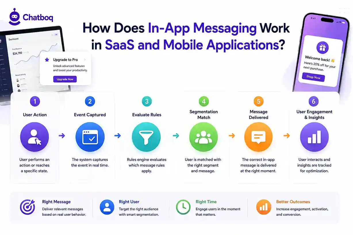 A workflow diagram illustrating the technical process of in-app messaging, from user action and event capture to segmentation match and message delivery.
