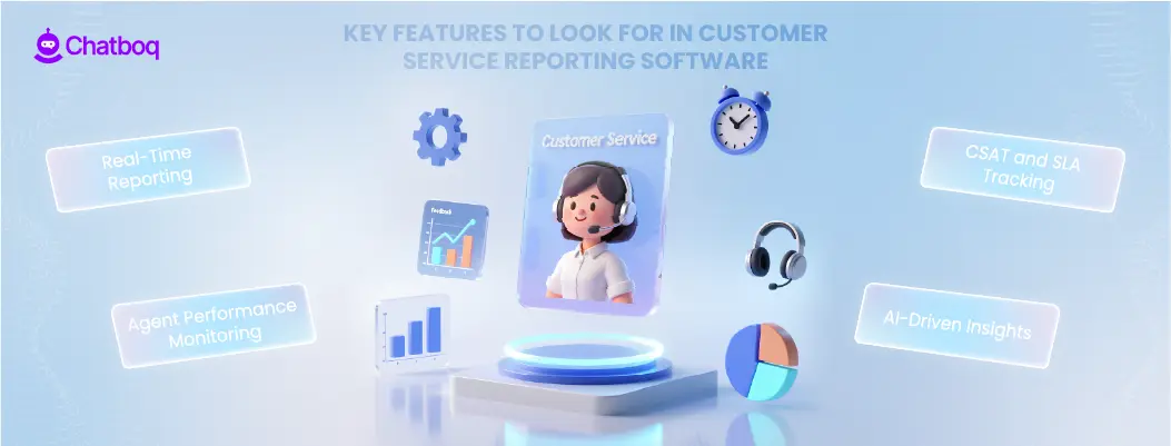 Illustration highlighting key features of customer service reporting software, including dashboards, KPI tracking, and analytics tools.