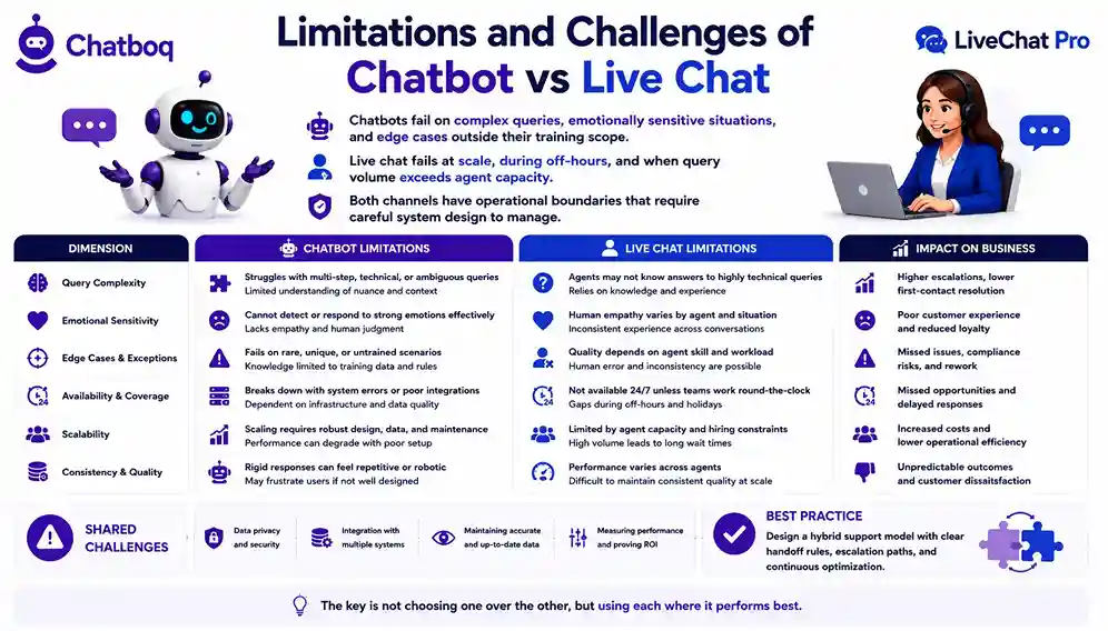 Illustration showing a detailed comparison of the limitations and challenges between chatbots and live chat across dimensions like query complexity, emotional sensitivity, and scalability.