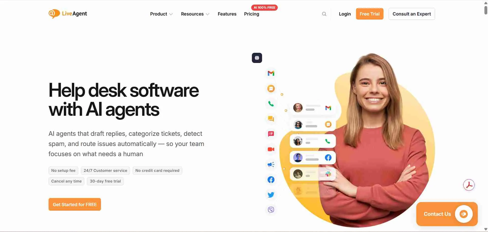Illustration showing LiveAgent customer support platform with ticketing, live chat, and omnichannel communication tools.