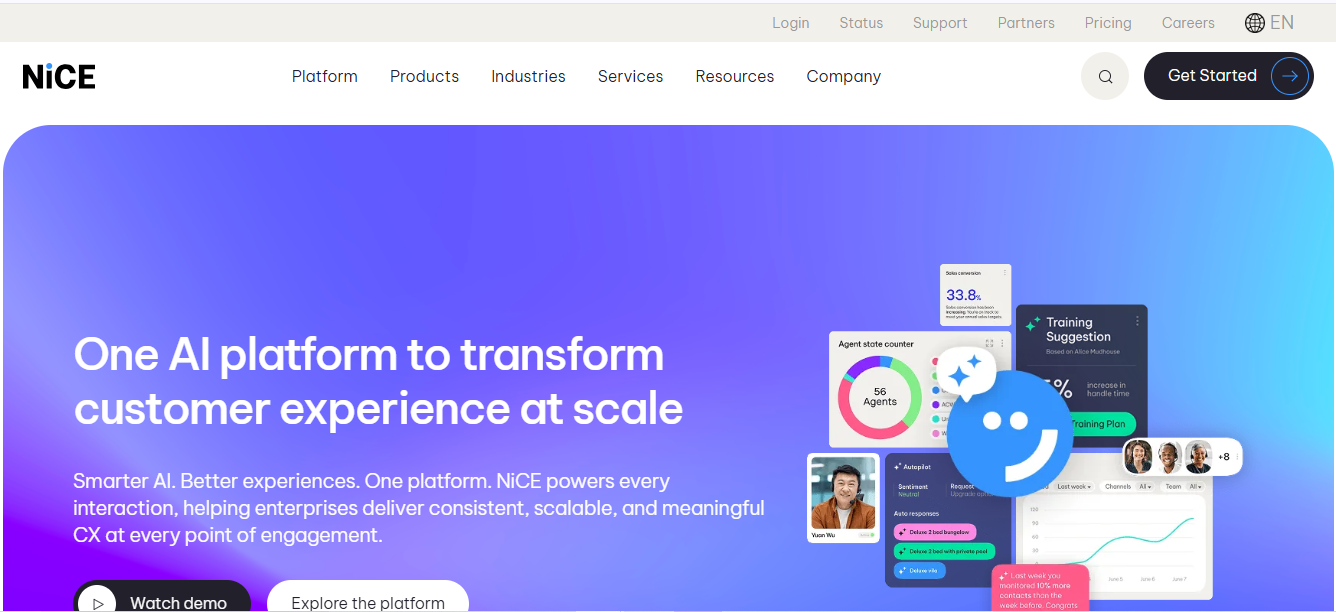 NiCE enterprise contact center platform with speech analytics, workforce optimization, and AI-driven conversation intelligence
