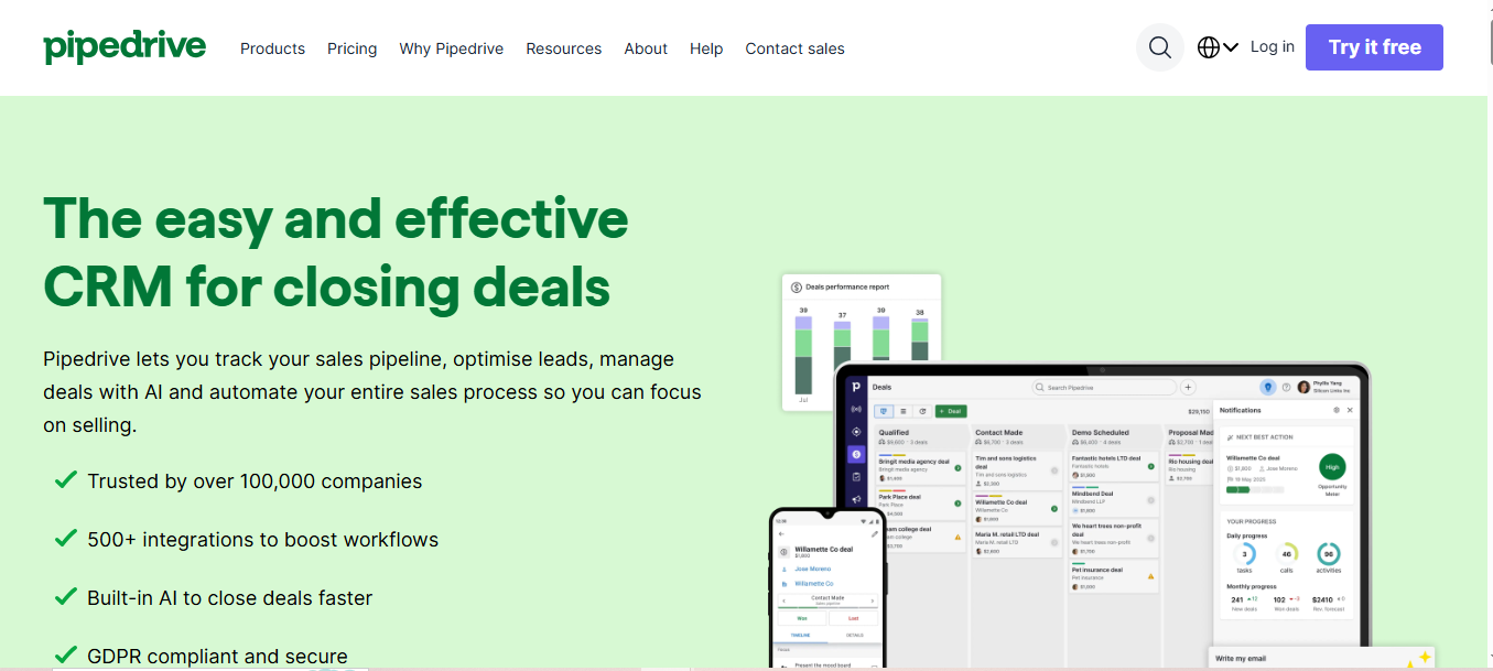 Visual of Pipedrive CRM sales pipeline with chat integration and deal tracking as a Drift alternative.