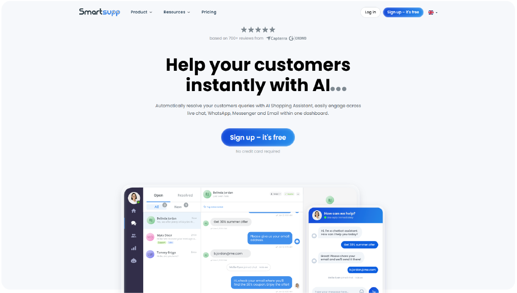 “Smartsupp free live chat for ecommerce with video recordings, visitor tracking, and multi-channel messaging.