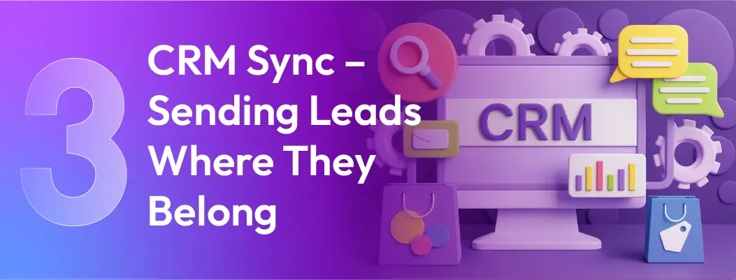 Illustration of a CRM sync process for automated lead management and data routing between marketing platforms.