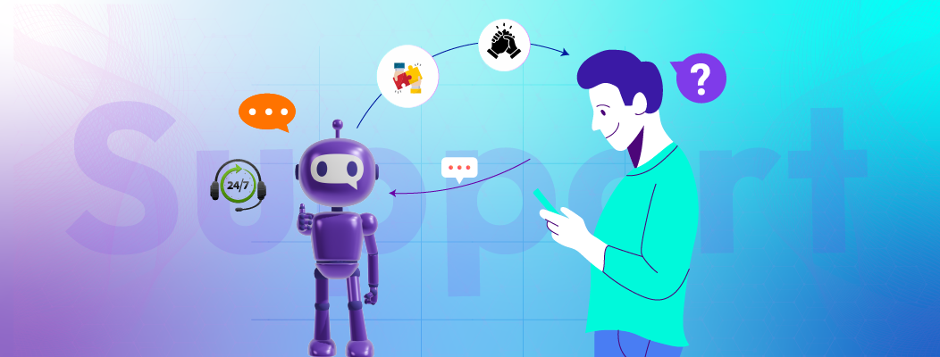 Illustration of Chatboq interface blending AI automation with real-time human agent support and security.