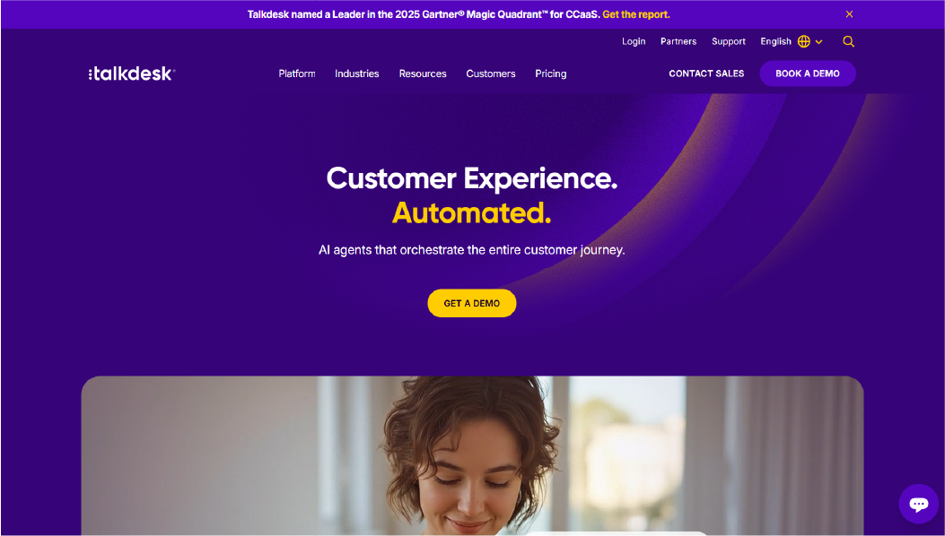 Talkdesk cloud contact center interface with AI call routing, workforce management tools, and CRM integrations