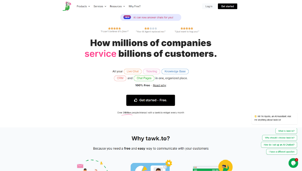 Tawk.to free live chat software offering unlimited chats and agents with customizable widget and mobile support.