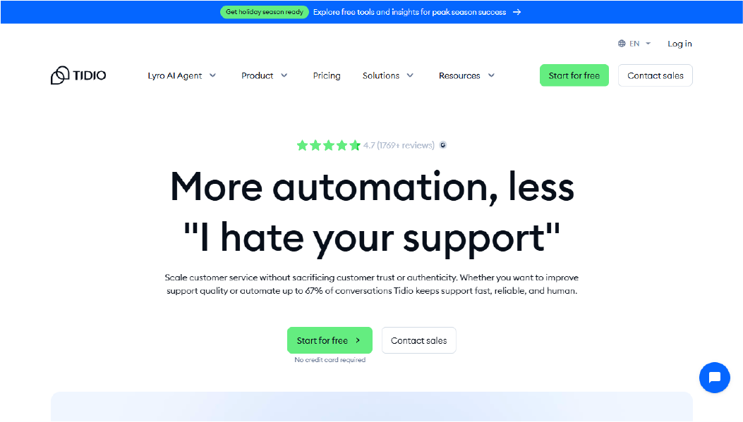 Tidio WordPress chat widget with AI chatbot and multi-channel messaging for e-commerce websites.