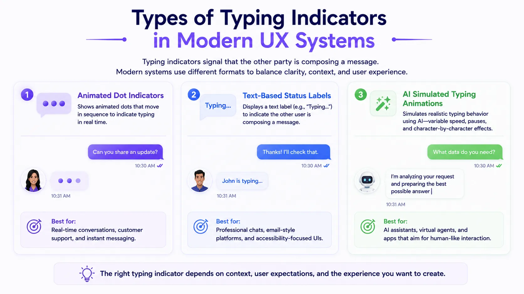 Comparative guide of three common formats: animated dot indicators for real-time messaging, text-based status labels for professional platforms, and AI-simulated typing animations for human-like interaction with virtual agents.