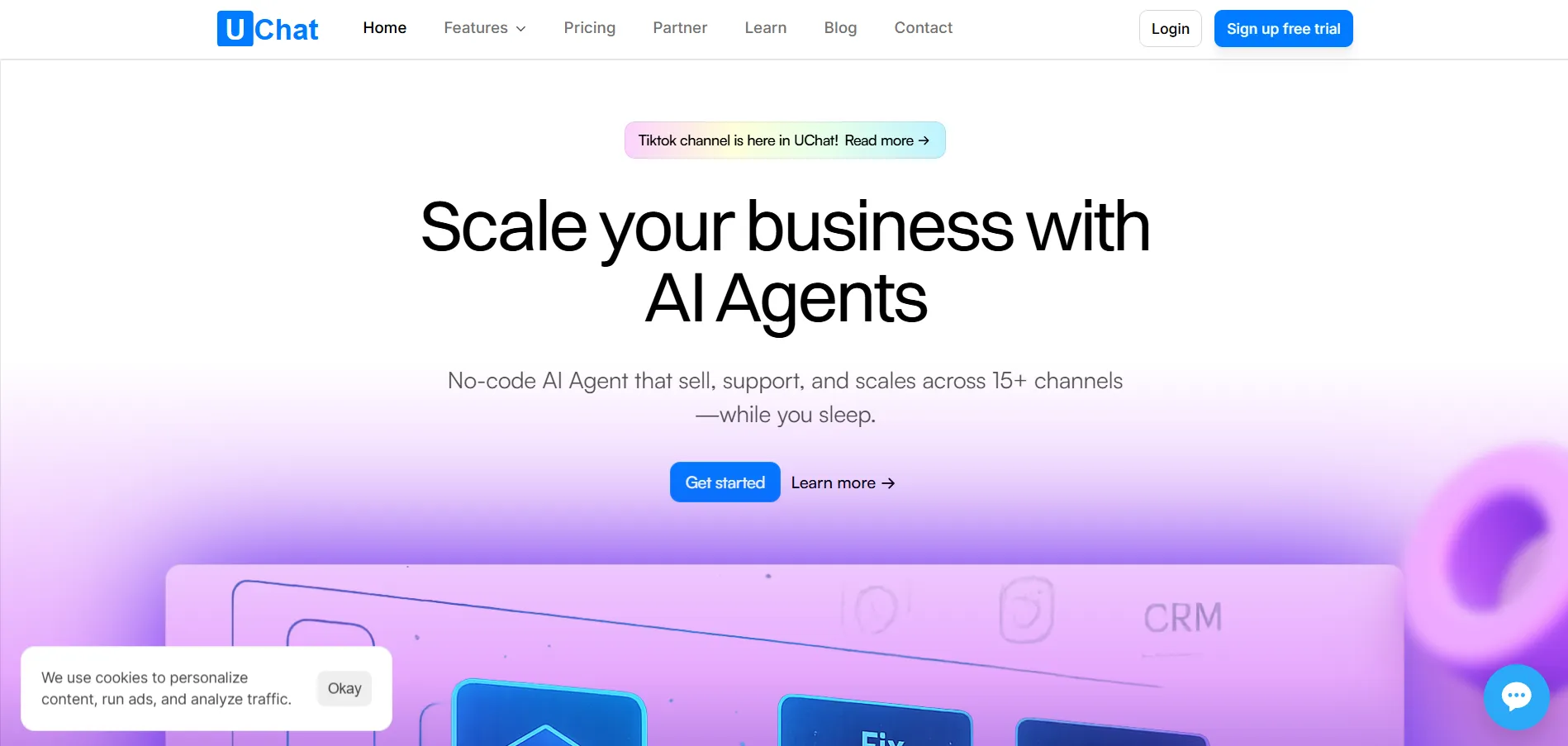Illustration showing UChat platform enabling businesses to build and deploy chatbots across multiple channels with advanced automation, visual flow builder, and omnichannel AI capabilities.