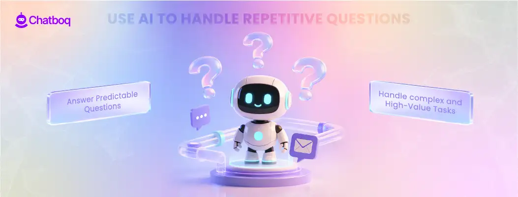 Illustration showing AI chatbot handling repetitive customer questions automatically to save time and improve support.