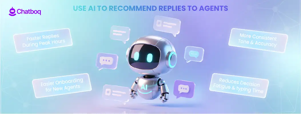 Illustration showing AI suggesting reply options to customer service agents for faster and accurate responses.