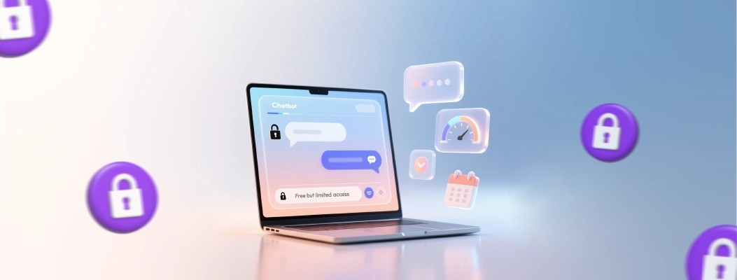 Illustration explaining free chatbot features with limited automation and messaging.