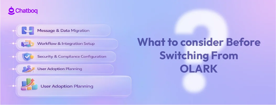 Illustration showing key factors businesses should evaluate before switching from Olark to another live chat or support platform.