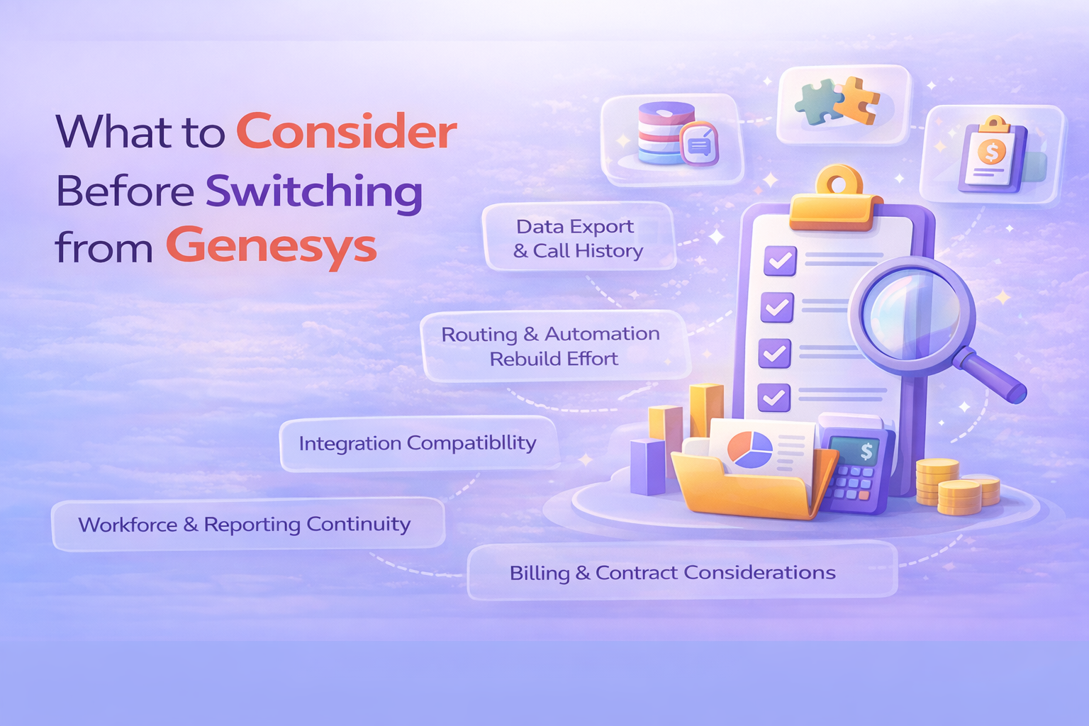 Genesys migration checklist covering call data export, routing rebuild, CRM integrations, workforce management continuity, and contract review