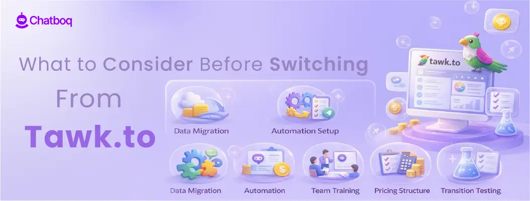 Illustration showing key factors businesses evaluate before switching from Tawk.to to another live chat or support platform.