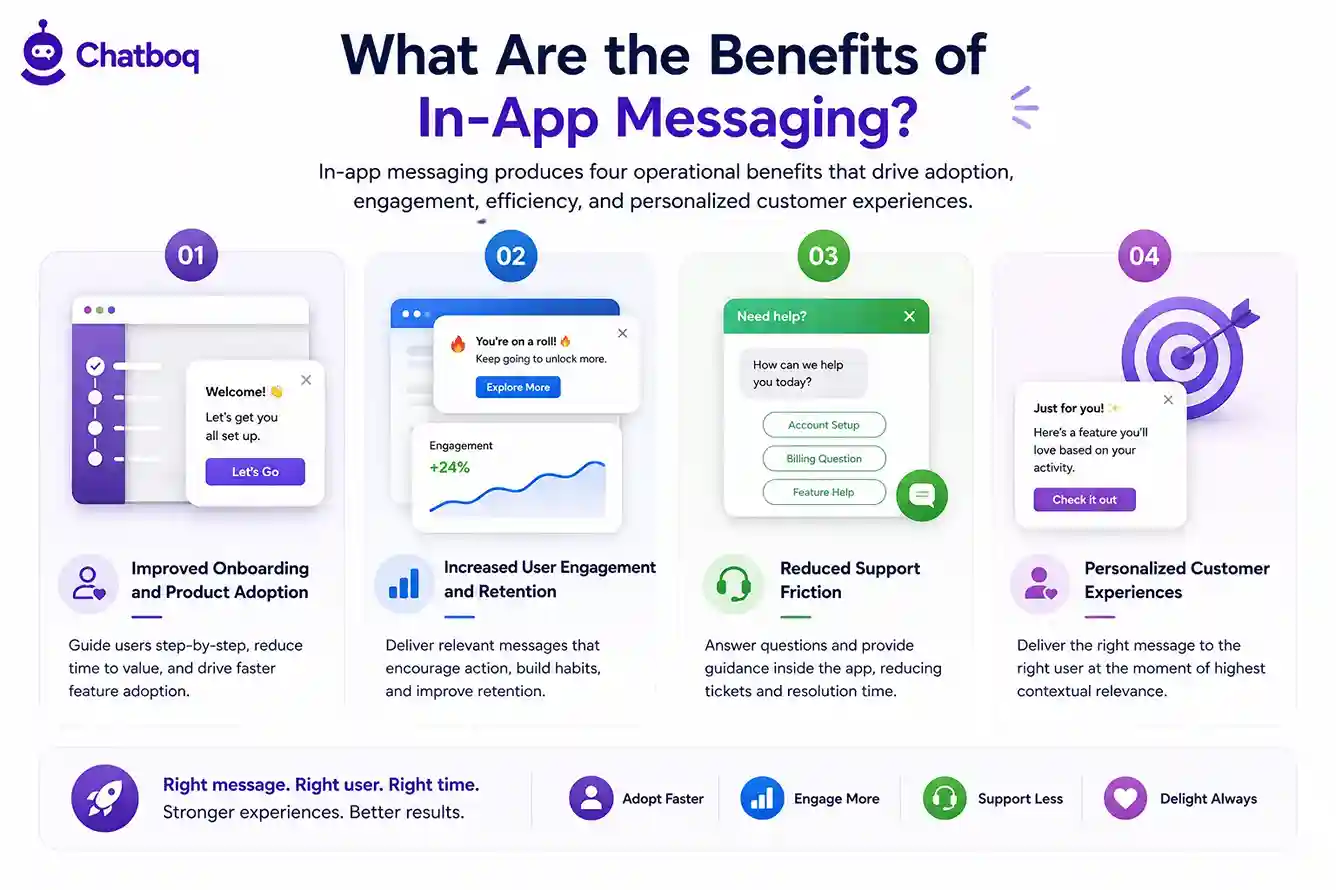 Infographic highlighting four primary benefits: improved onboarding, increased engagement, reduced support friction, and personalized customer experiences.