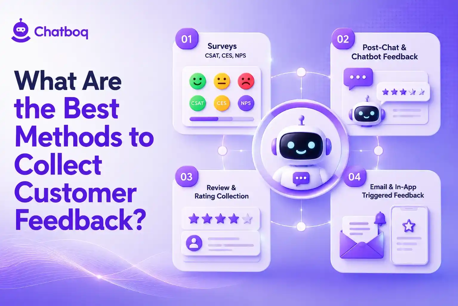 Visual summary of top feedback methods, featuring CSAT/NPS surveys, post-chat ratings, review collection, and triggered in-app feedback prompts.